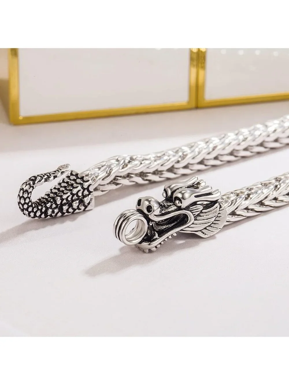 Men's Silver 925 Sterling Silver Dragon Necklace 5mm Franco Curb Link Chain